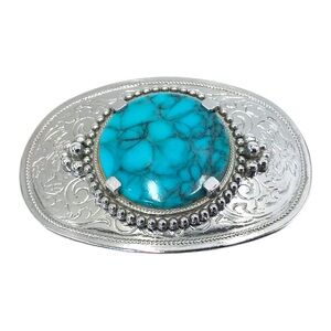 Southwest Dyed‎ Howlite Belt Buckle Rhodium Plated Blue Round Cabochon.